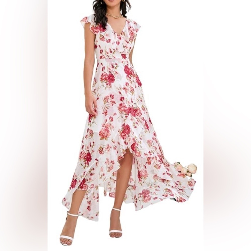 JJs HOUSE Sz XL High Low Ruffle Sleeves Neckline Floral Lined Maxi Dress NEW